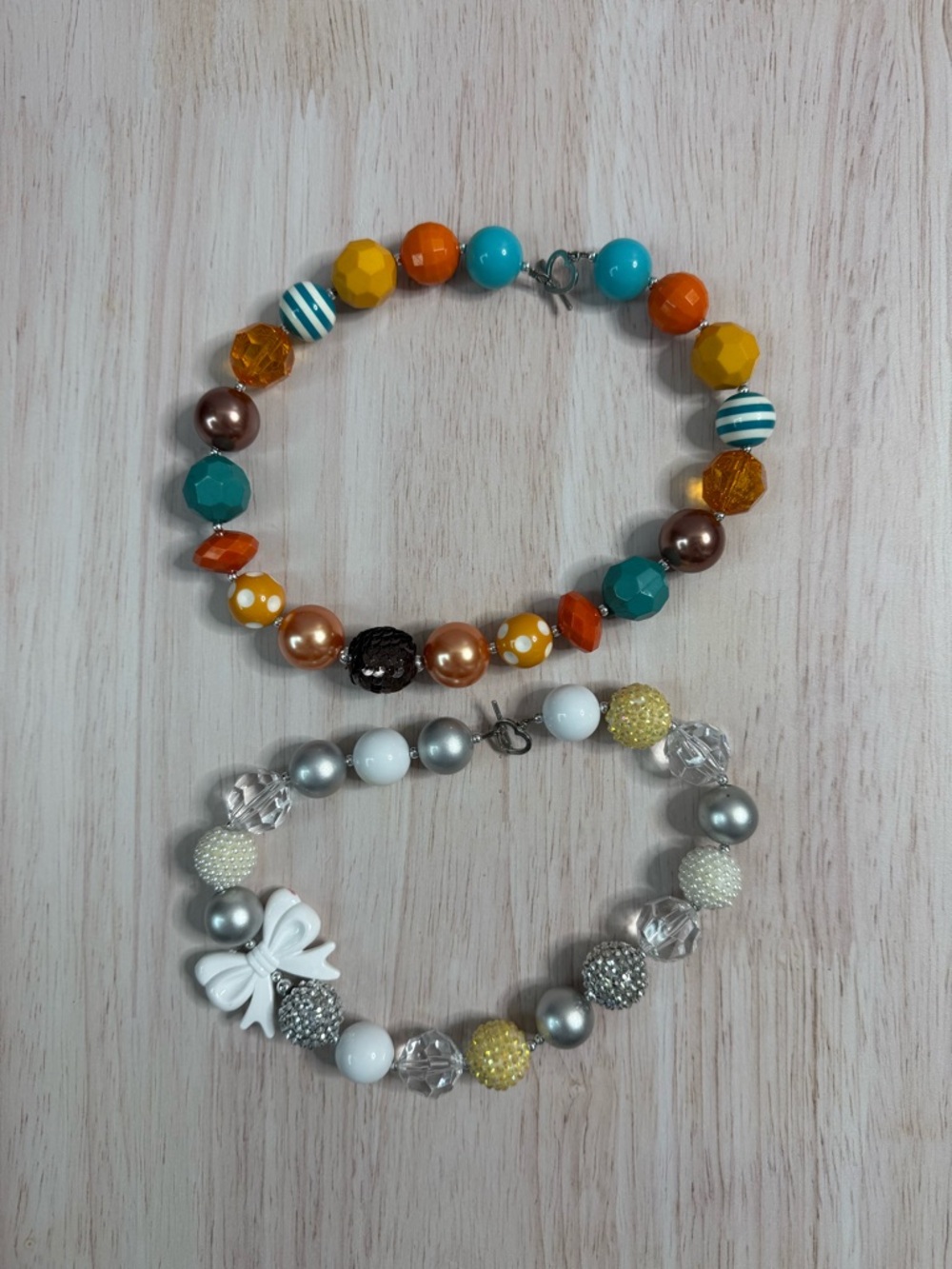 Colorful Beaded Necklace Duo - Turquoise, Orange, Yellow & White, Silver